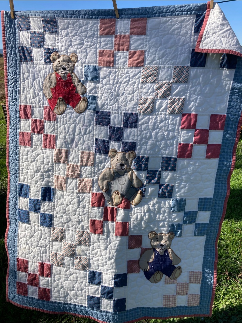 Handmade Vintage Teddy Appliqué Cutter Baby Crib Quilt For Crafts 54x41”